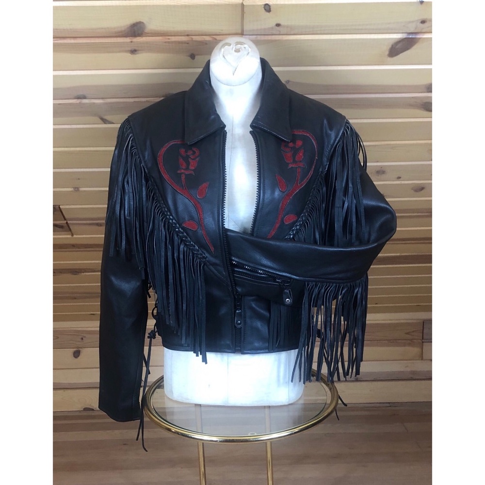 Vintage Echtes Leder Leather Moto Fringe Jacket w/ Red Roses Sz Small